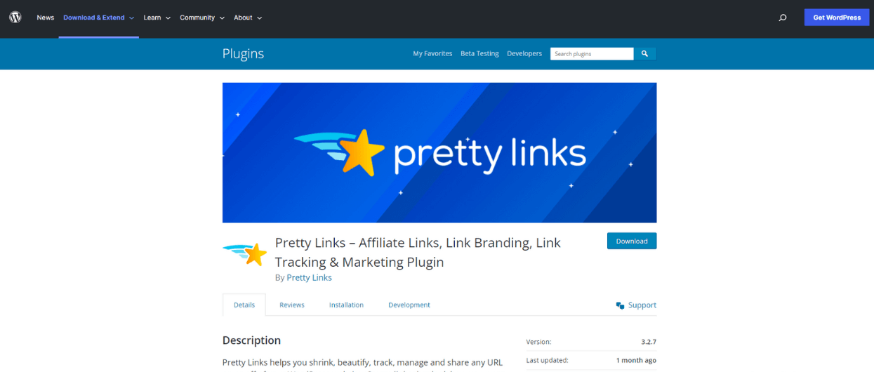 Pretty Links plugin for website